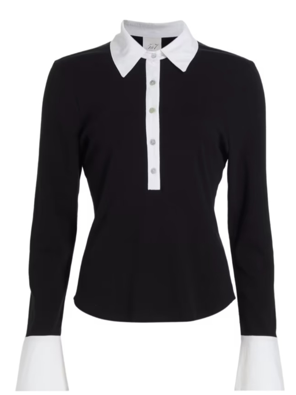 Cinq a Sept Black Long-Sleeve Button Down Top with White Collar & Cuffs
